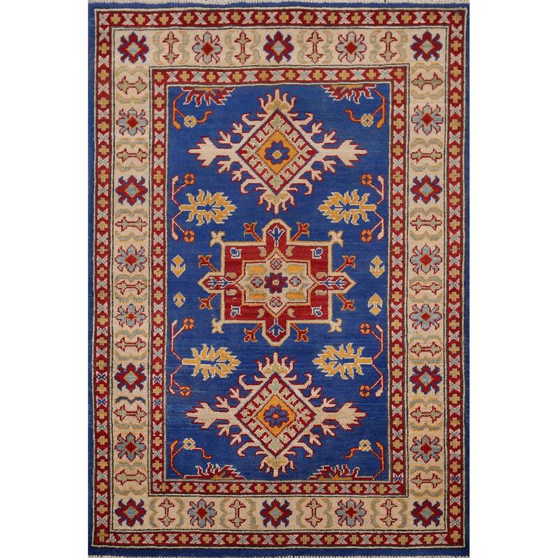 Blue Geometric Kazak Accent Rug Hand-Knotted Oriental Wool Carpet - 3'5" x 4'11"