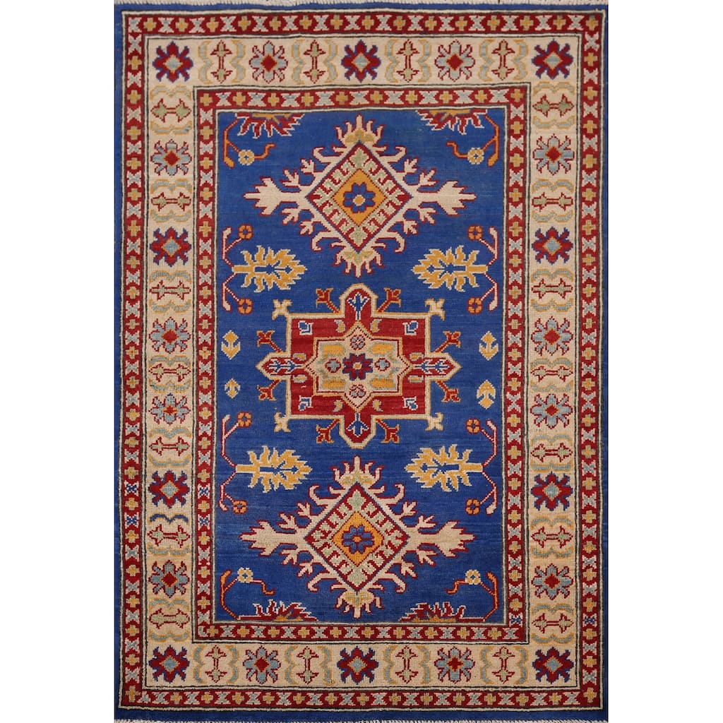 Blue Geometric Kazak Accent Rug Hand-Knotted Oriental Wool Carpet - 3'5" x 4'11"