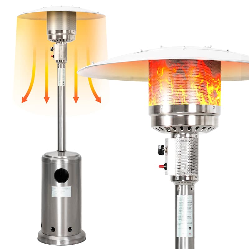 Outdoor 46,000 BTU Stainless Iron Propane Gas Patio Heater with Wheels, Silver