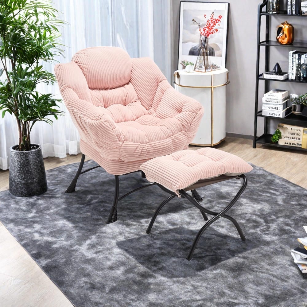 Cotton Lazy Chair with Ottoman, Modern Lounge Accent Chair with Armrests, Side Pocket, and Sturdy Steel Frame