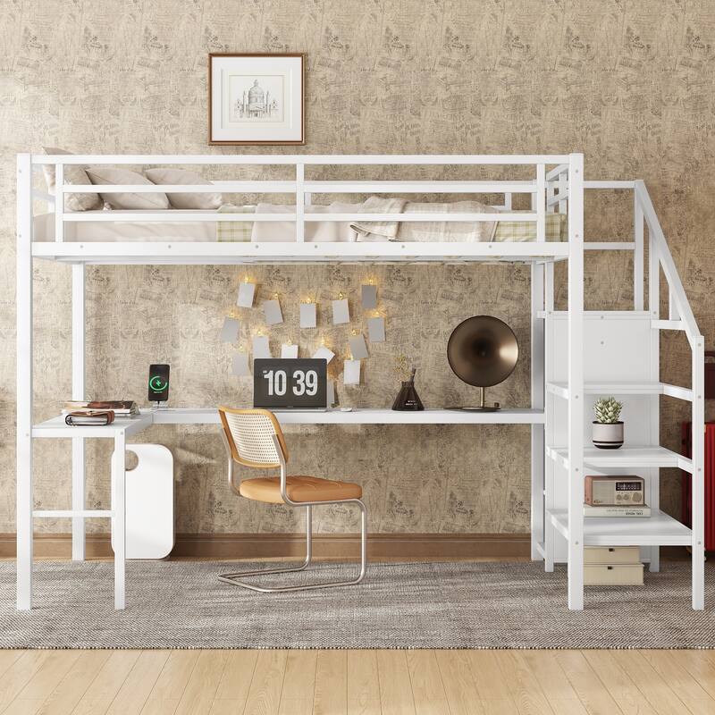 Roomfitters Full/Twin Size Metal Loft Bed with L-Shaped Desk, USB Ports, LED Lighting & Adjustable Shelves, White