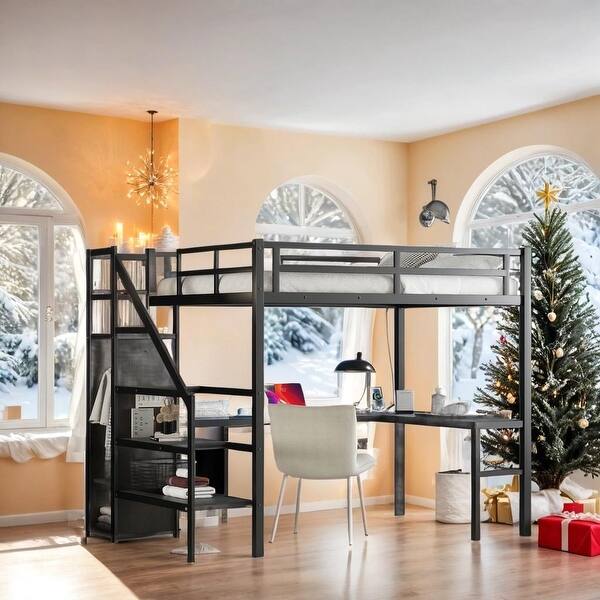 slide 2 of 14, Luxury Full Size Loft Bed with L-shaped Desk and USB, Metal Loft Bed with Wardrobe, Adjustable Shelf & LED, Black