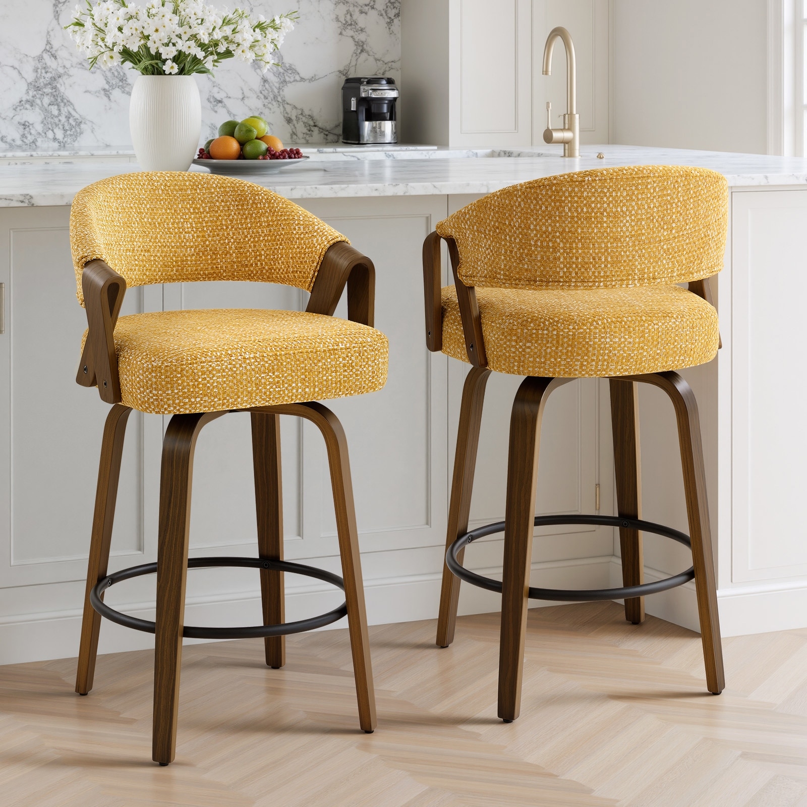 Upholstered Swivel Bar Stool/ Counter Stools with Curved Back - 37.5"H x 20.9"W x 19.9"D