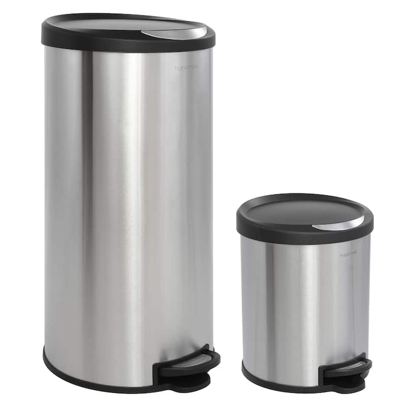 happimess Oscar Round 8-Gallon Step-Open Trash Can with FREE Mini Trash Can, Stainless Steel/Black - Silver