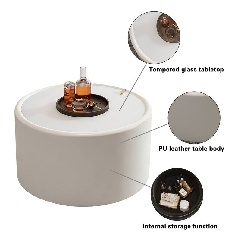 White Round Coffee Table with Tempered Glass Top and Hidden Storage