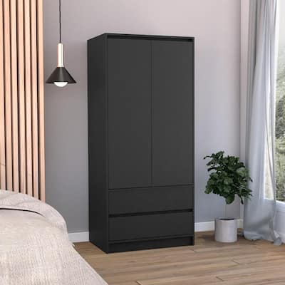 Stylish Wardrobe Closet Armoire with Double Doors for Bedroom, 2 Drawers, and Hanging Rod - Space-Saving Design