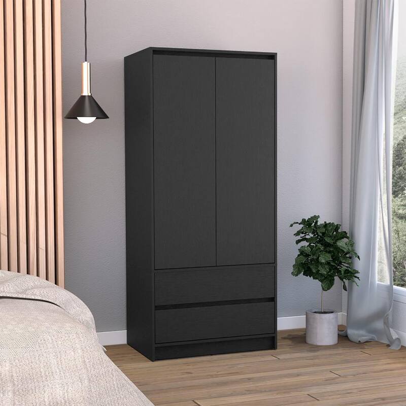 Stylish Wardrobe Closet Armoire with Double Doors for Bedroom, 2 Drawers, and Hanging Rod - Space-Saving Design