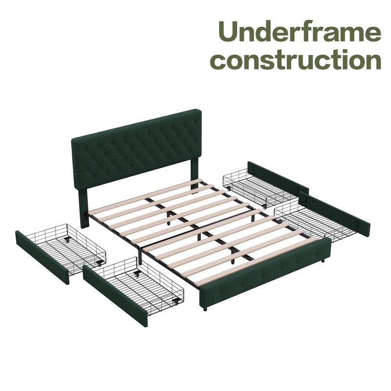 Linen Upholstered Headboard Bed Frame with Large Hidden Storage, 4 Underbed Drawers with Pulleys