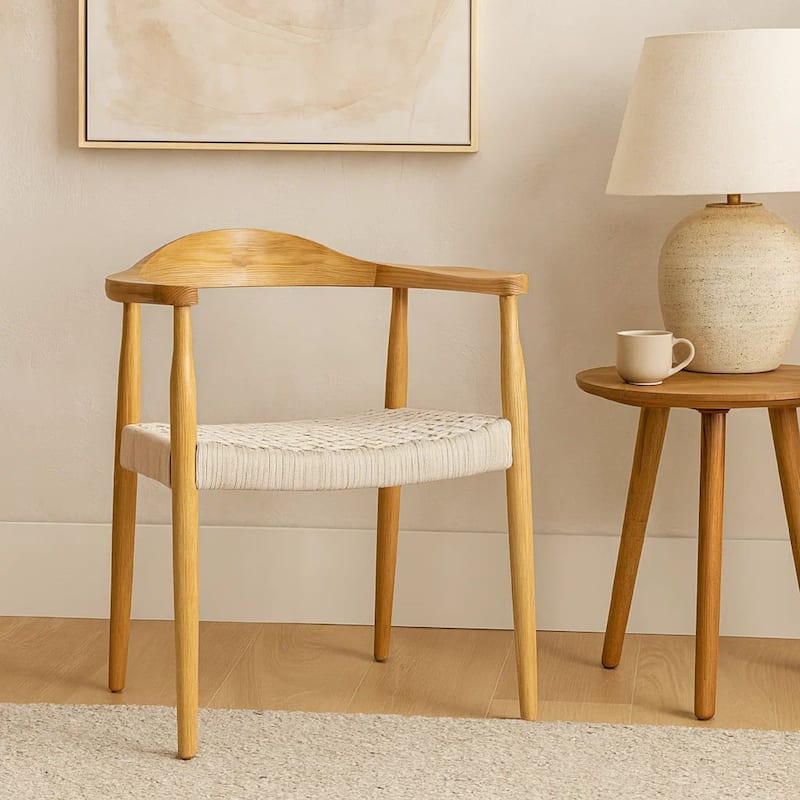 Accent Armchair, White Rope Woven Style Seat, Natural Brown Ash Wood