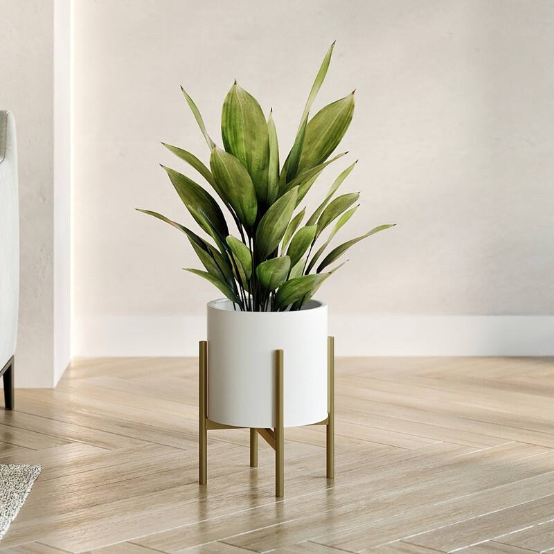 Raya White Mid-Century Modern Planter with 4-Leg Metal Base - 12" H  x 9.5" W - Gold