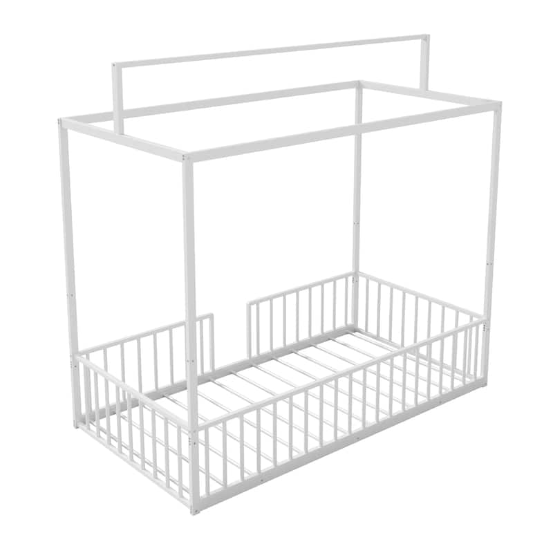 3-in-1 Convertible Metal Bed for Kids, Toddler Floor Bed, Fenced Bed and Montessori Elevated Bed with House-shaped Frame