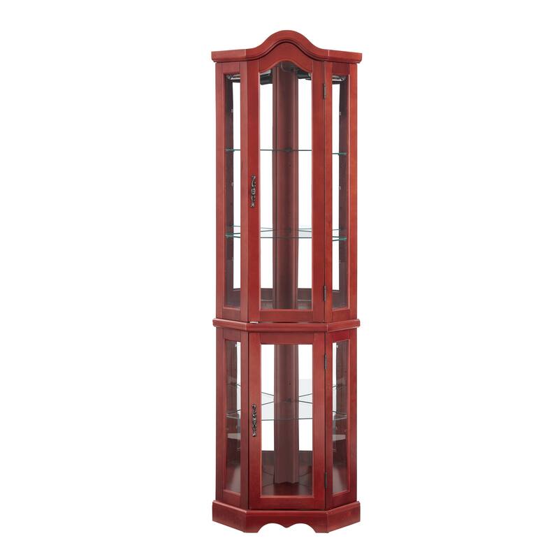 Lighted Corner Curio Cabinet with Tempered Glass Doors & Shelves - Elegant Cherry Display Case with Bulb for Living Room