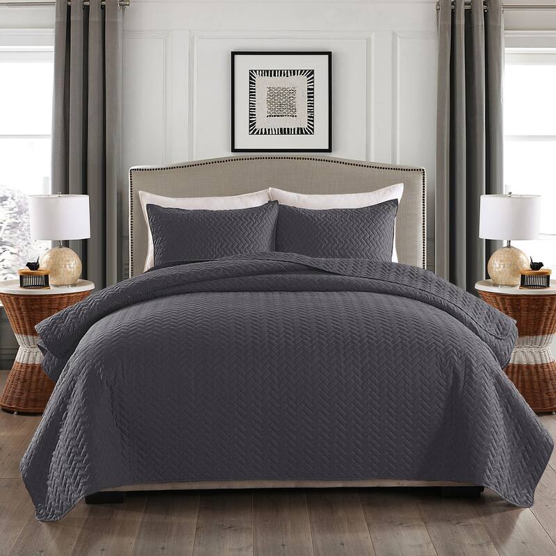Classic Coverlet Bedspread Lightweight Bedding Set Matching Shams - Grey - Queen