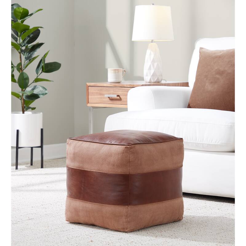 The Curated Nomad Najah Square Canvas & Leather Pouf