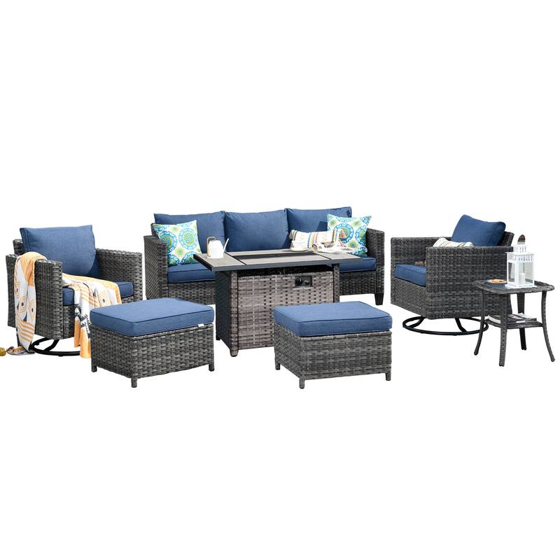 OVIOS 7-piece Wicker Sectional Sofa Swivel Rocking Chair Set With Fire Pit
