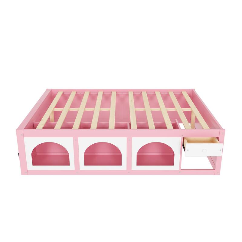 Wooden Platform Bed with Footboard Bookshelf, LED Display Cabinet and Drawer Storage by Harper&Bright Designs