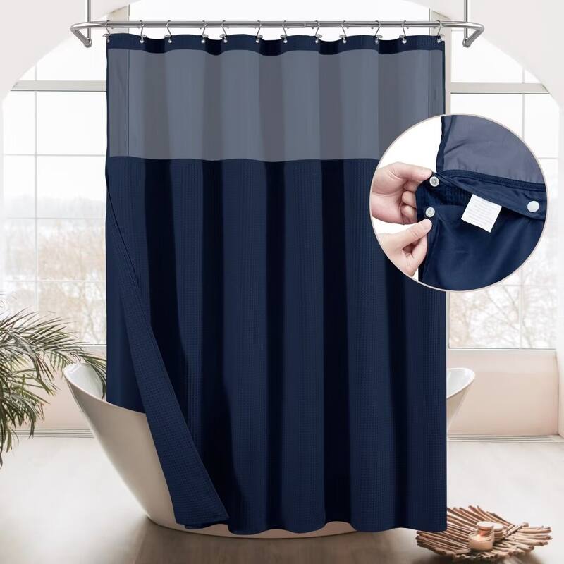 Cotton Blend Honeycomb Waffle Shower Curtain with Snap-in Liner - 71"W X 72"L - Navy Blue
