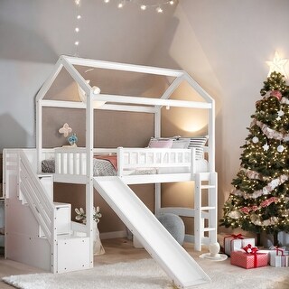 Twin Loft Bed with Two Drawers and Slide, House Bed with Slide - Bed ...