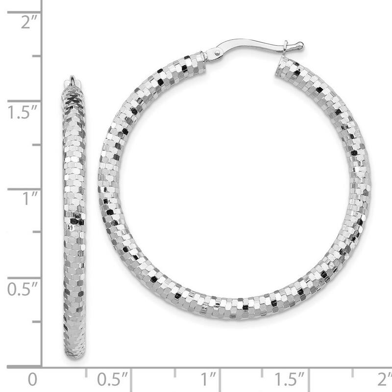 Curata 14k White Gold 3x30mm Sparkle Cut Hoop Earrings
