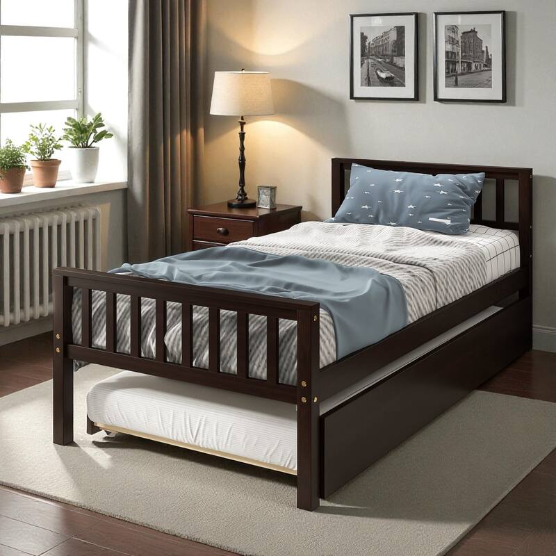 Twin Size Wooden Platform Bed with Trundle, Headboard and Footboard, Space-Saving Design for Guest or Small Bedroom - Espresso - Twin