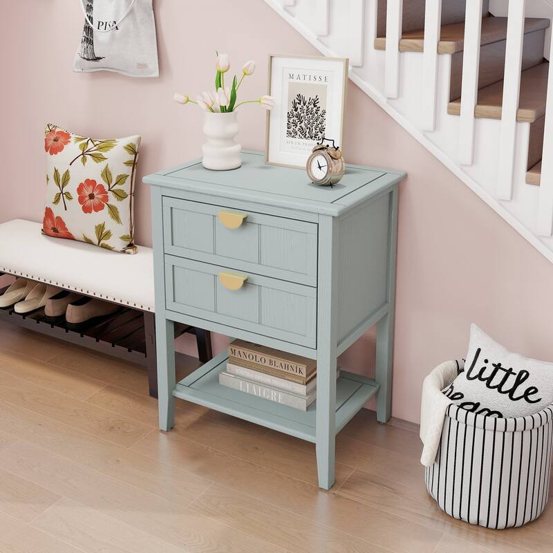 Roomfitters 2 Drawer Side Table, Wooden Nightstand End Table with Storage for Bedroom, Living Room, Light Grey