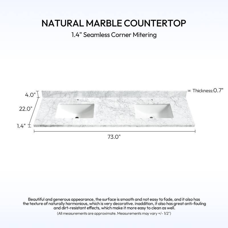 Zevio Natural Marble Vanity Top in Carrara White with Ceramic Sink