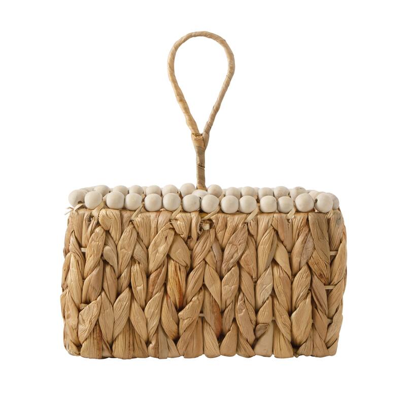 Gibson Home Woven Utensil Caddy with 4 Compartments, Natural Hand-Braided Water Hyacinth Basket with Wood-Bead Trim