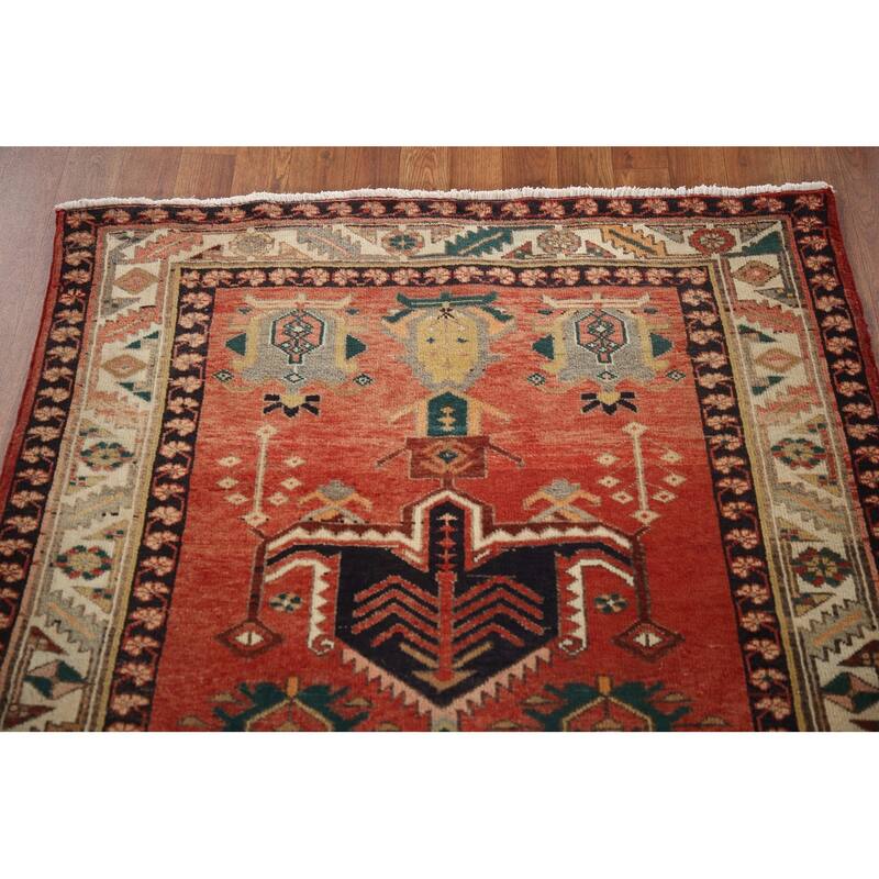 Geometric Red Heriz Persian Vintage Runner Rug Handmade Wool Carpet - 3'9"x 11'1"
