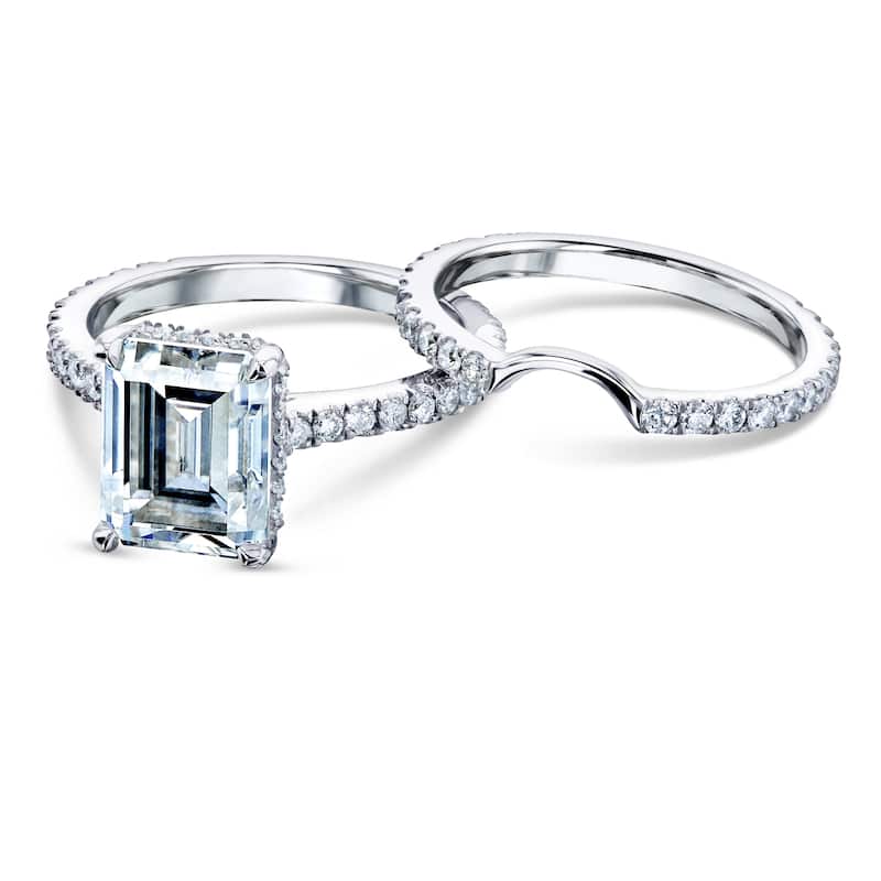 Annello by Kobelli 14k Gold 3 1/6ct TDW 9x7mm Emerald Moissanite and Diamond Drop Halo Bridal Rings Set