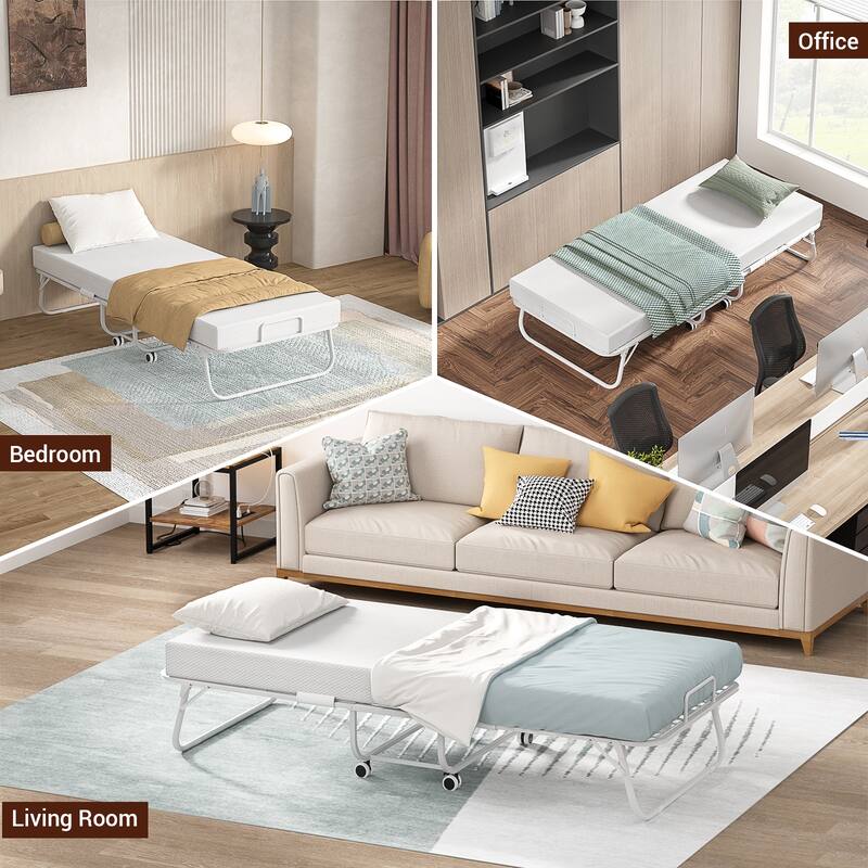 Folding Bed with 5 Inch Memory Foam Mattress, Small Single Bed Extra Guest Bed with Wheel