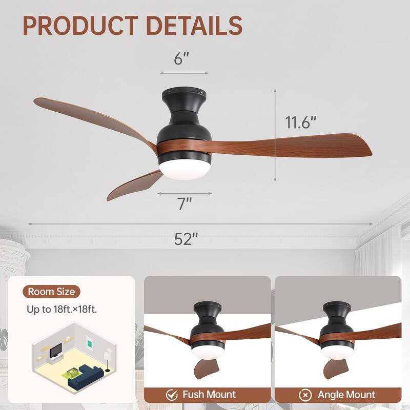 52Inch Flush Mount Ceiling Fan with Dimmable Light and Remote Control,With 3 ABS Fan Blades,6 Wind Speed Adjustable - 52 Inches