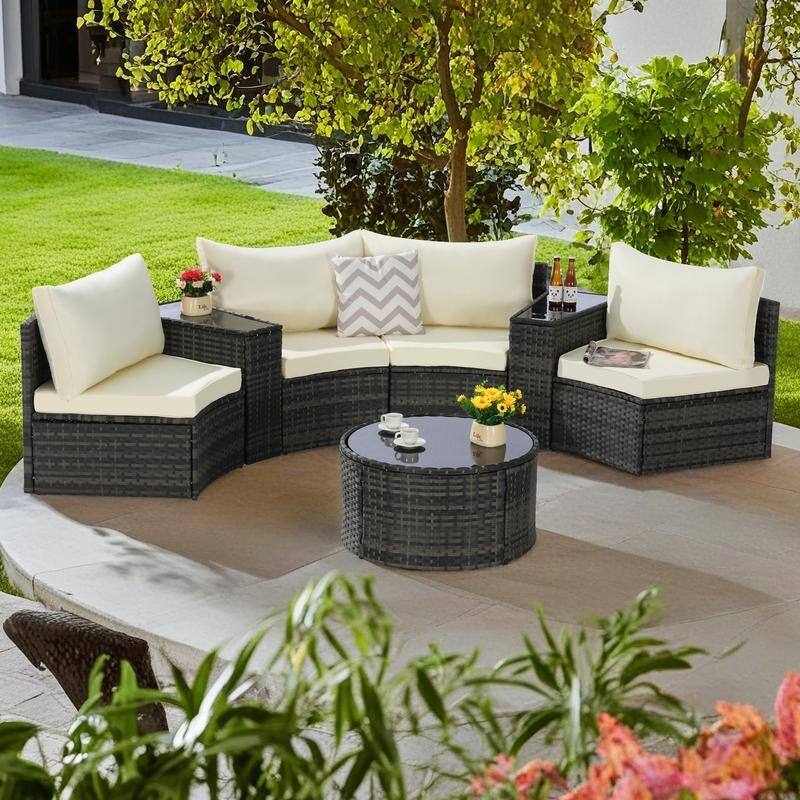 7-Piece Outdoor Patio Half-Moon Sectional Sofa Set with Tempered Glass Coffee Table - Beige