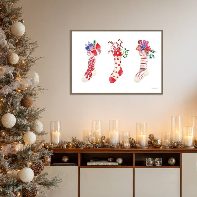 Decked Out Stockings by Mercedes Lopez Charro (33 x 23 in.), Framed Canvas Wall Art Print - Sylvie Dark Gold