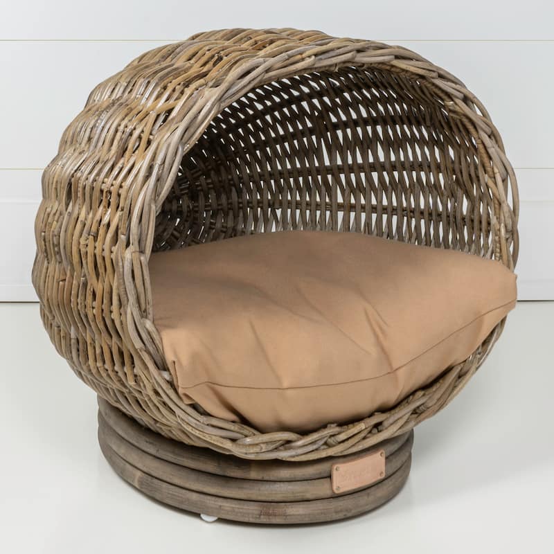 Socket Dome 19.5" x 17" Bohemian Handwoven Rattan Cat Bed with Machine-Washable Cushion, Kubu Gray - Kubu Gray