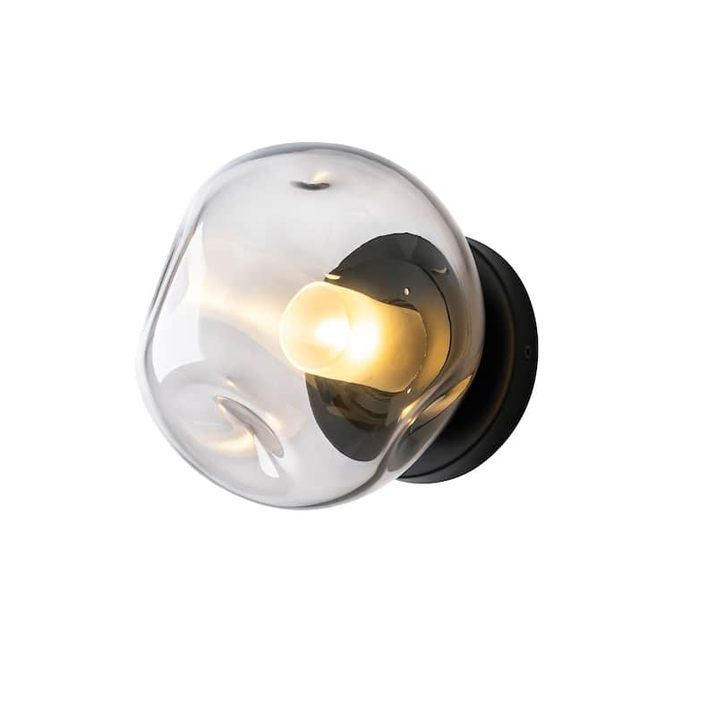 7.1" W Mid-Century Modern Matte Black Wall Sconce with Hand-Blown Smoked Gray/Pink Glass Shade for Bathroom, Staircase