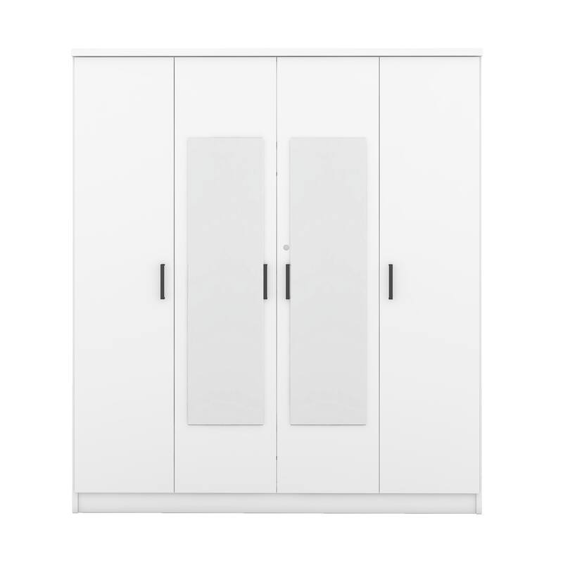 4 Doors Wardrobe Armoire with Mirror, Freestanding Armoire Wardrobe Closet w/ Drawer, Shelves & Hanging Rod, Clothes Organizer