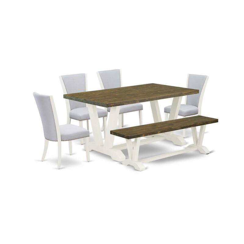 HomeStock 6-Piece Rectangle Wire Brushed Linen White Finish Solid Wood Top Dining Table with 1-Bench, 4-Chairs