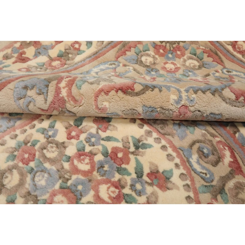 8x10 Hand Knotted Wool Ivory French Aubusson Plush Pile Medallion Rug - 8' x 10'