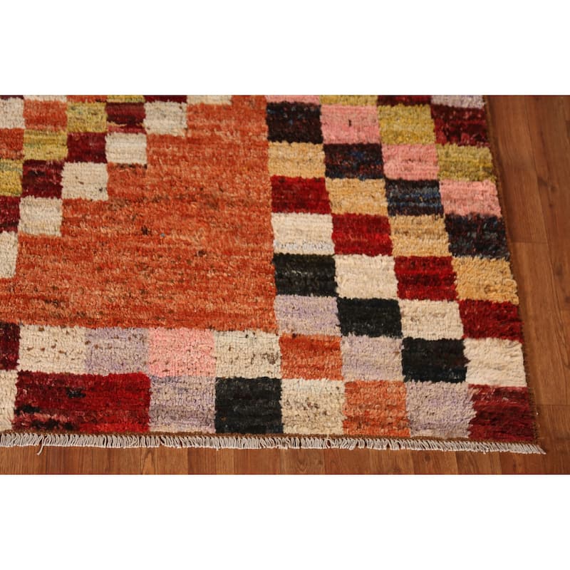 Checkered Orange Moroccan Oriental Rug Handmade Wool Carpet - 6'7" x 9'8"