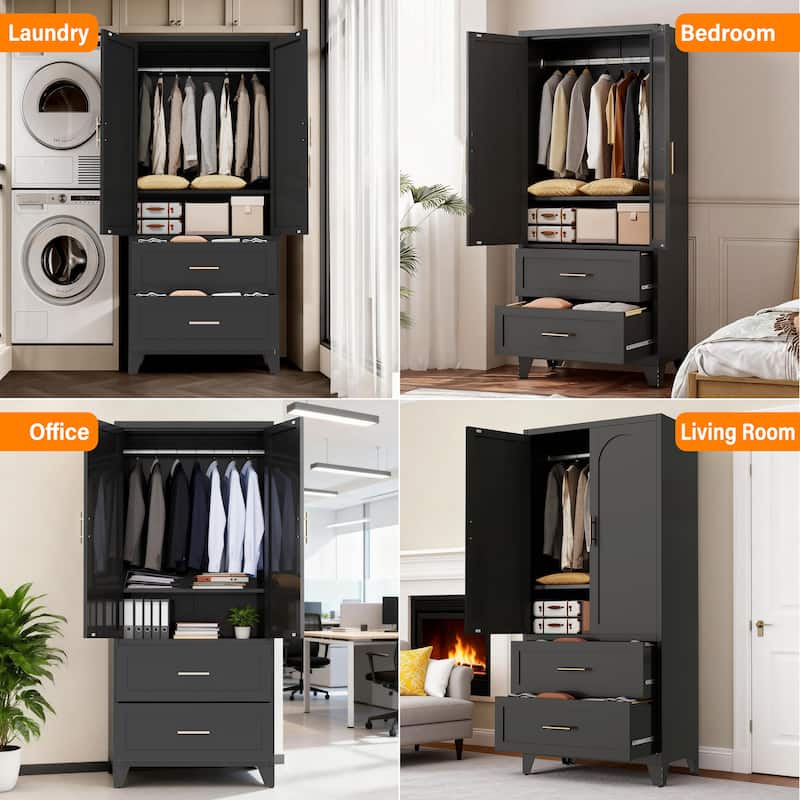 71" Metal Wardrobe Cabinet with 2 Drawers & Hanging Rod - 2-Door Closet with Shelf for Bedroom, Office, Entryway