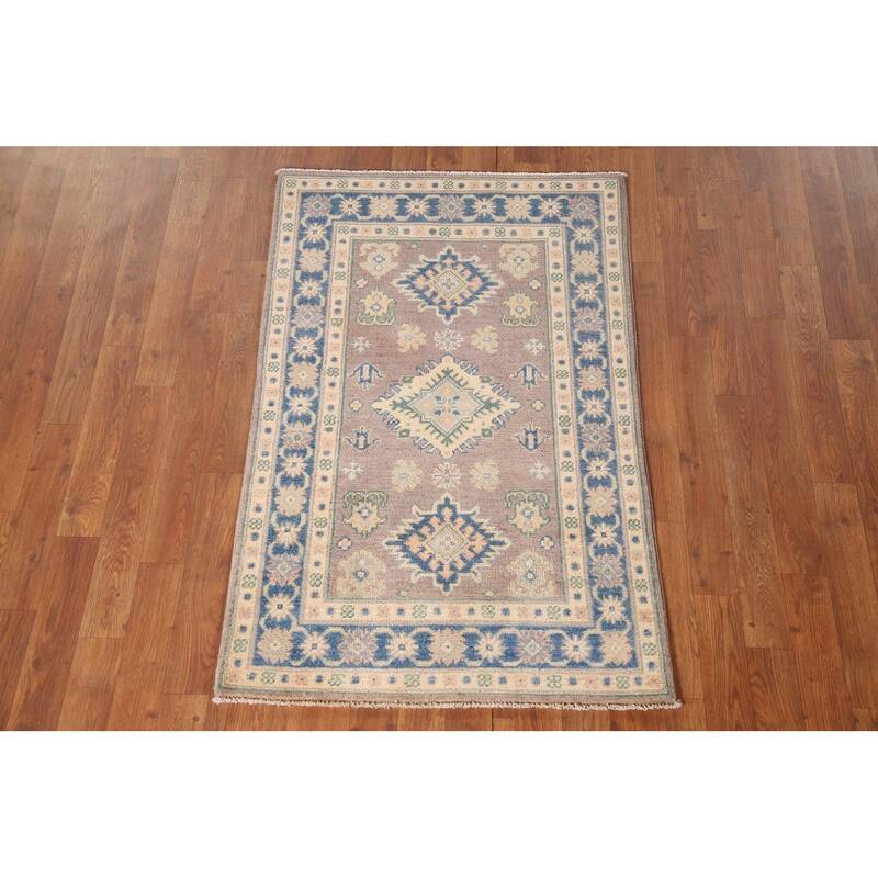 Geometric Kazak Oriental Accent Rug Handmade Brown Wool Carpet - 2'8" x 4'2"
