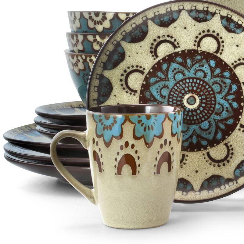 Elama Sandstone Mandala 16 Piece Round Stoneware Dinnerware Set