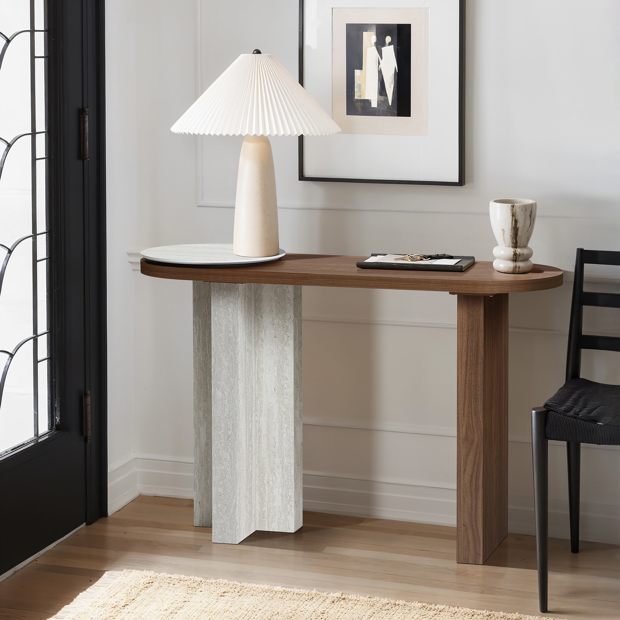 Travertine-Style MDF Wood Oval Console Table - 47.24" W