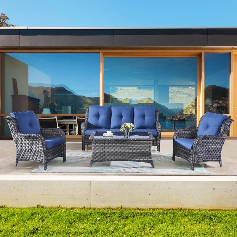 Gymojoy Outdoor 3-Seat Sofa Pario Chair Coffee Table with Cushion - Blue - Grey