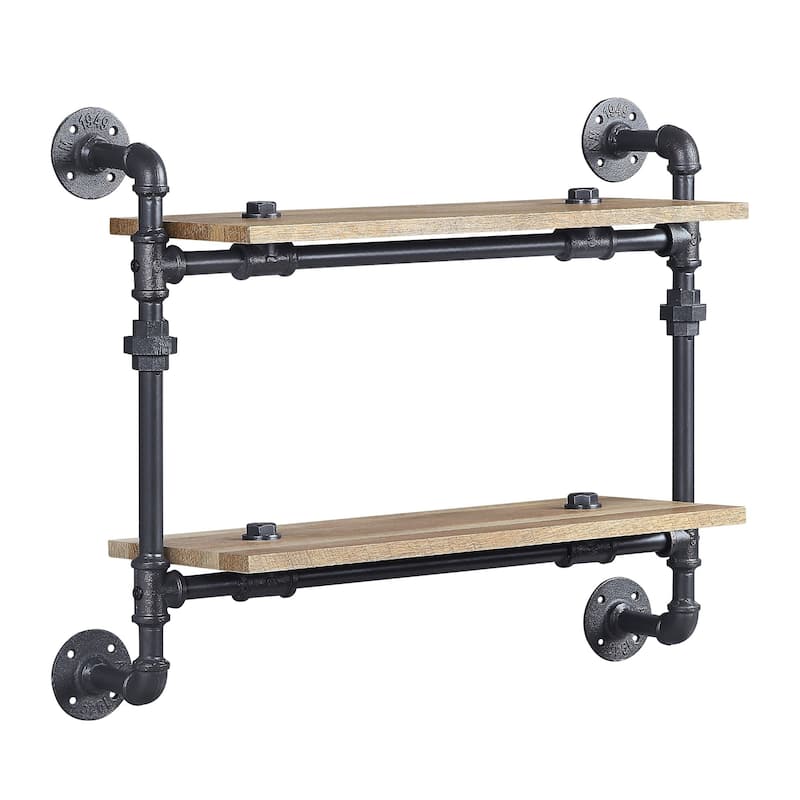 Ley 18 Inch Wood Wall Mount Double Shelf, Metal Pipe Design, Brown, Black