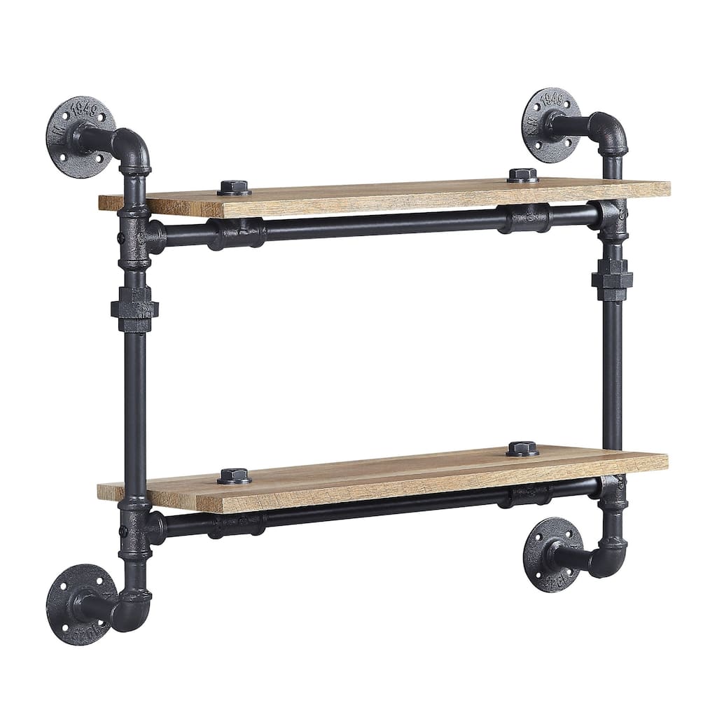 Ley 18 Inch Wood Wall Mount Double Shelf, Metal Pipe Design, Brown, Black