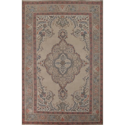 Distressed Tabriz Vintage Persian Area Rug Hand-Knotted Wool Carpet - 6'10" x 10'0"