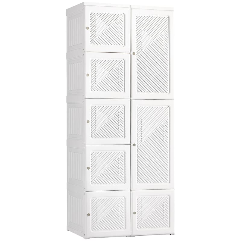 Portable Wardrobe Closet, Folding Bedroom Armoire, Clothes Storage Organizer with 8 Cube Compartments, Hanging Rod, Magnet Doors - White