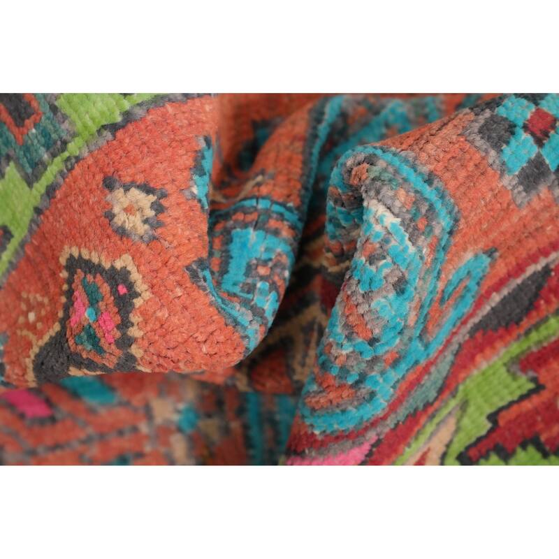 Hand Knotted Oriental 100% Wool Carpet Traditional Geometric Oranges & Rust Heriz Runner Rug - 8' 8'' X 3' 0''