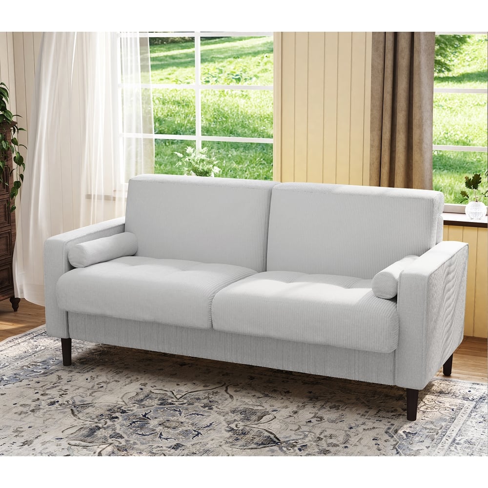 Modern Corduroy 2 Seater Sofa with Bolster Pillows